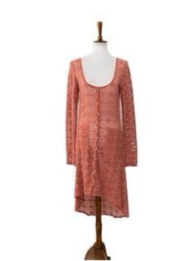 FP Beach Free People Womens Crochet Cover Up Long Sleeve. Button Up Pink Medium